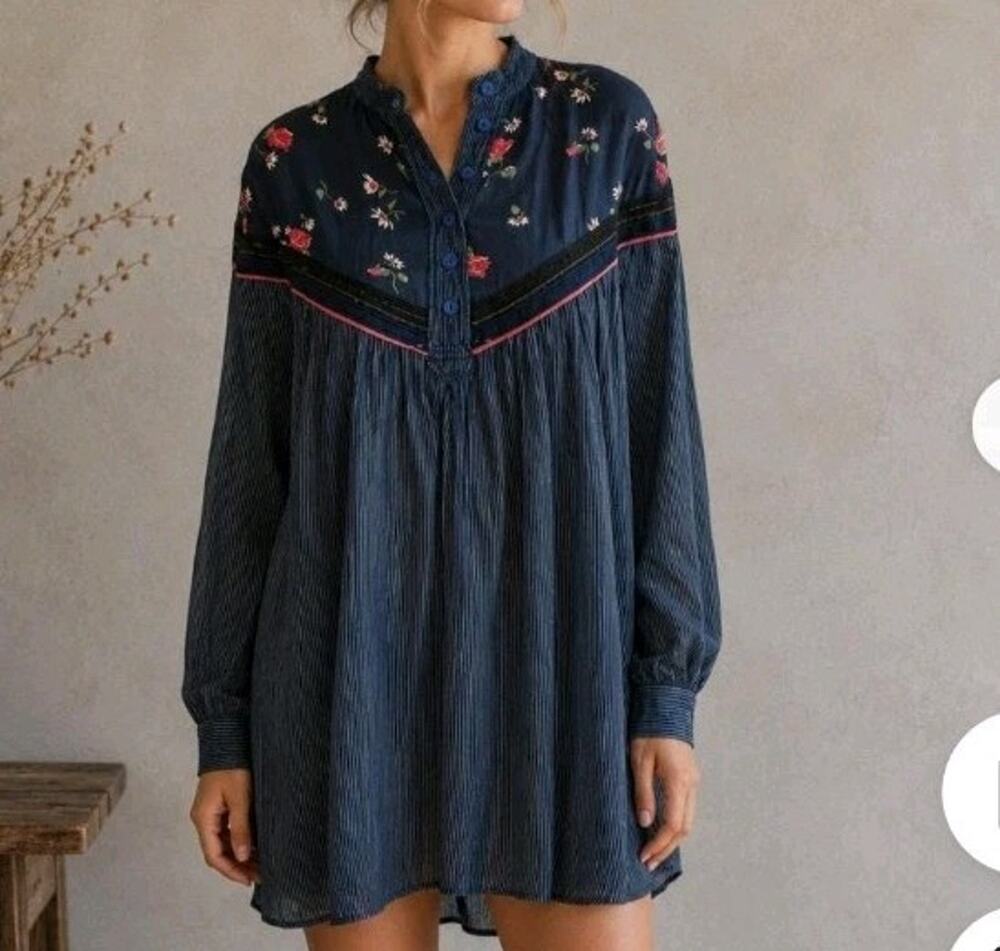 Free People Hearts & Colors Navy Button Pinstripe Tunic Floral Popover Blouse-L
